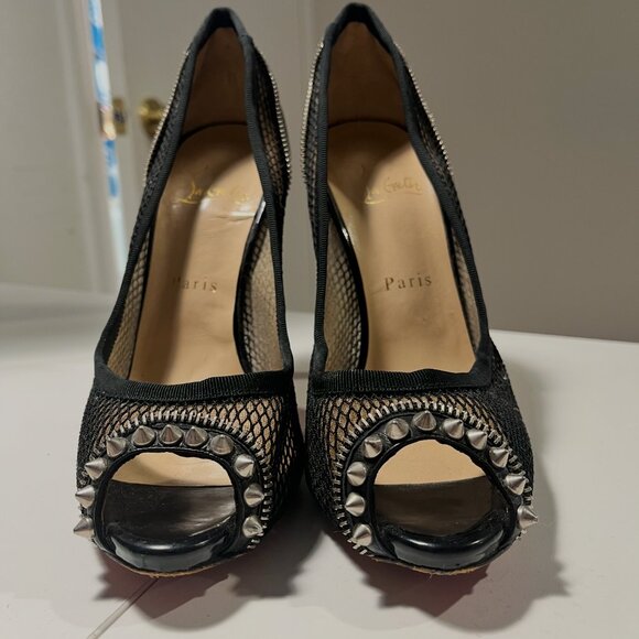 Christian Louboutin Black Mesh And Patent Leather Spiked Shawnita Peep Toe Pumps - Picture 2 of 5